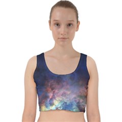 Lagoon Nebula Interstellar Cloud Pastel Pink, Turquoise And Yellow Stars Velvet Racer Back Crop Top