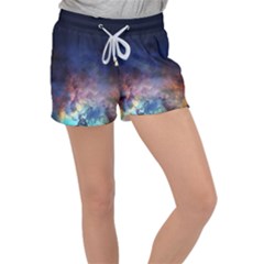 Lagoon Nebula Interstellar Cloud Pastel Pink, Turquoise And Yellow Stars Women s Velour Lounge Shorts