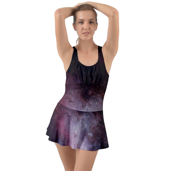 Eagle Nebula Wine Pink and Purple pastel Stars Astronomy Ruffle Top Dress Swimsuit