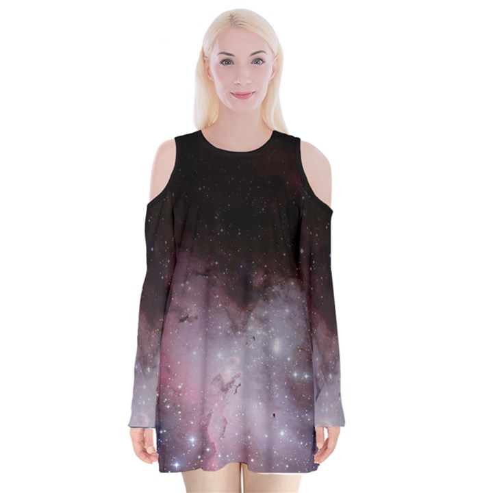 Eagle Nebula Wine Pink and Purple pastel Stars Astronomy Velvet Long Sleeve Shoulder Cutout Dress