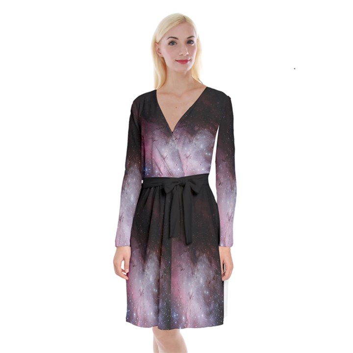 Eagle Nebula Wine Pink and Purple pastel Stars Astronomy Long Sleeve Velvet Front Wrap Dress