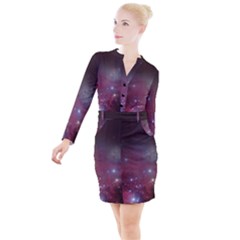 Christmas Tree Cluster Red Stars Nebula Constellation Astronomy Button Long Sleeve Dress