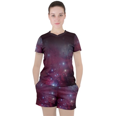 Christmas Tree Cluster Red Stars Nebula Constellation Astronomy Women s Tee And Shorts Set by genx