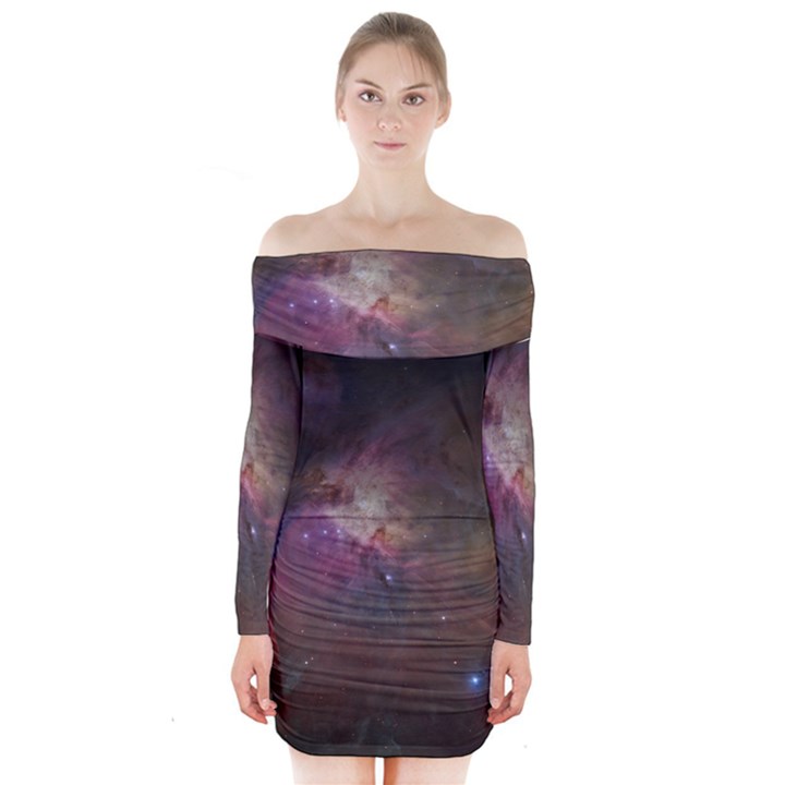 Orion Nebula star formation orange pink brown pastel constellation Astronomy Long Sleeve Off Shoulder Dress