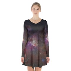 Orion Nebula Star Formation Orange Pink Brown Pastel Constellation Astronomy Long Sleeve Velvet V-neck Dress by genx