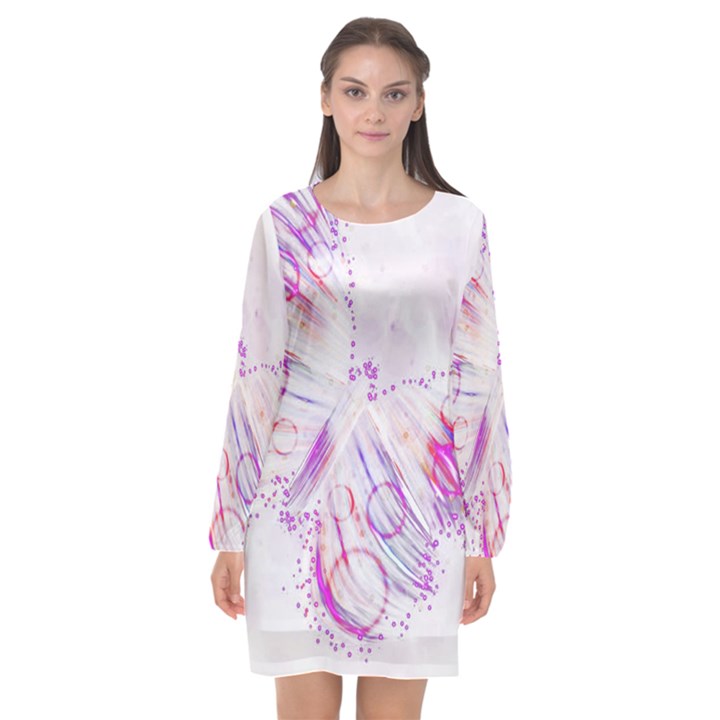 Colorful Butterfly Purple Long Sleeve Chiffon Shift Dress 