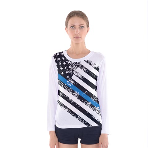 Usa Flag The Thin Blue Line I Back The Blue Usa Flag Grunge On White Background Women s Long Sleeve Tee by snek