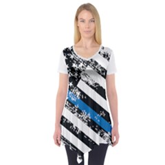 Usa Flag The Thin Blue Line I Back The Blue Usa Flag Grunge On White Background Short Sleeve Tunic  by snek