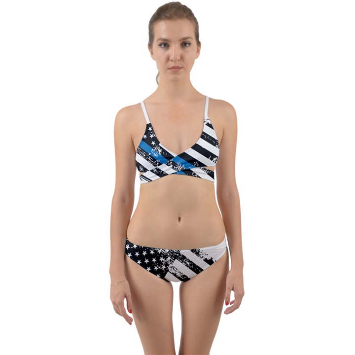 USA Flag The thin blue line I back the blue USA Flag Grunge on white background Wrap Around Bikini Set