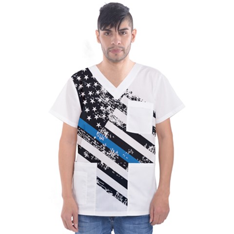 Usa Flag The Thin Blue Line I Back The Blue Usa Flag Grunge On White Background Men s V-neck Scrub Top by snek