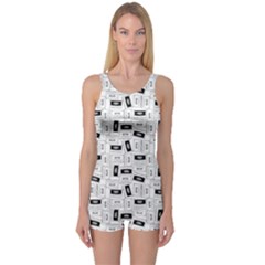 Tape Cassette 80s Retro Genx Pattern Black And White One Piece Boyleg Swimsuit by genx