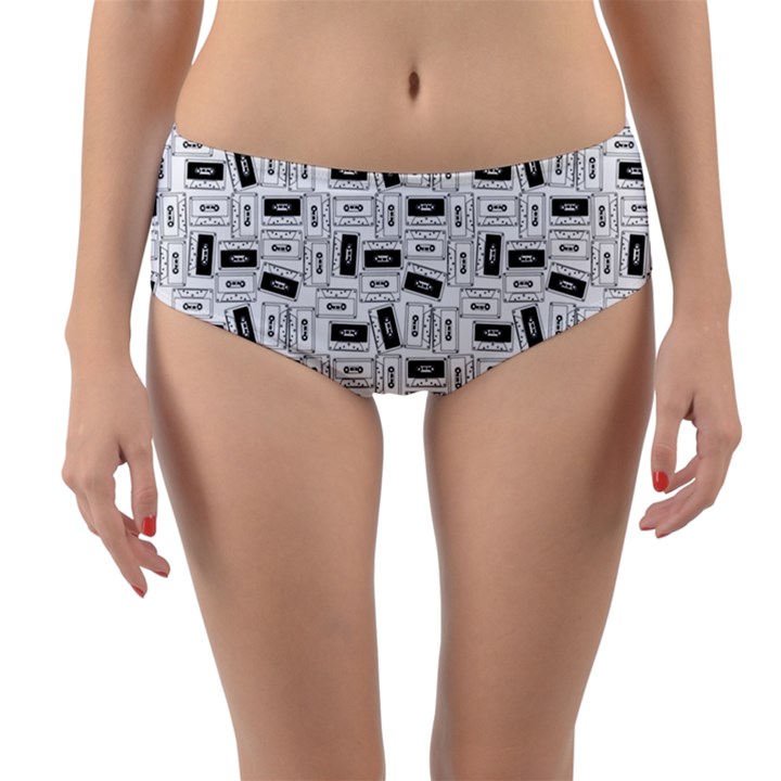 Tape Cassette 80s Retro GenX Pattern black and White Reversible Mid-Waist Bikini Bottoms