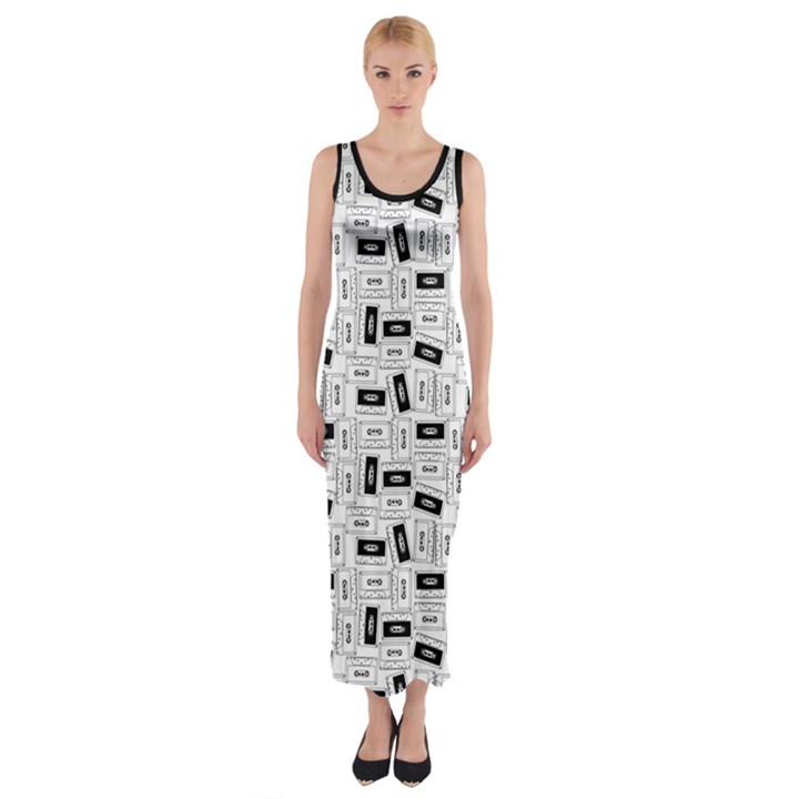 Tape Cassette 80s Retro GenX Pattern black and White Fitted Maxi Dress