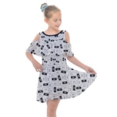 Tape Cassette 80s Retro Genx Pattern Black And White Kids  Shoulder Cutout Chiffon Dress by genx