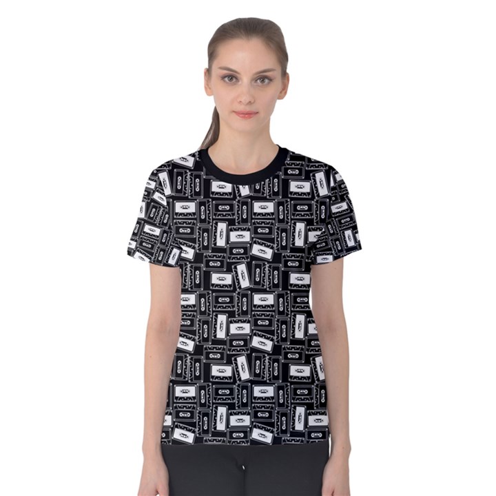 Tape Cassette 80s Retro GenX Pattern black and White Women s Cotton Tee