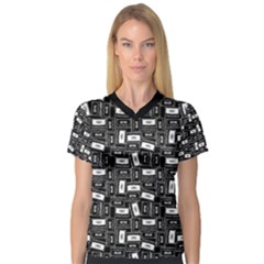 Tape Cassette 80s Retro GenX Pattern black and White V-Neck Sport Mesh Tee