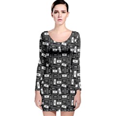 Tape Cassette 80s Retro GenX Pattern black and White Long Sleeve Velvet Bodycon Dress