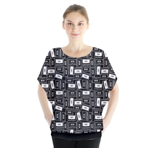 Tape Cassette 80s Retro Genx Pattern Black And White Batwing Chiffon Blouse by genx