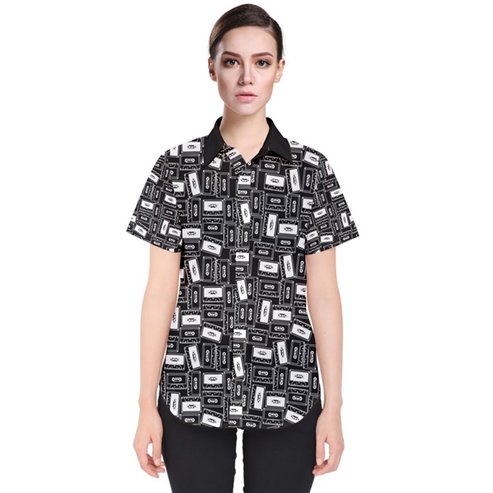 Tape Cassette 80s Retro GenX Pattern black and White Women s Short Sleeve Shirt