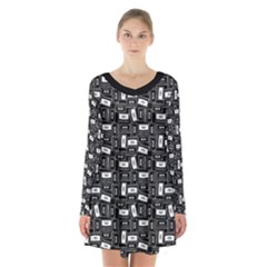 Tape Cassette 80s Retro GenX Pattern black and White Long Sleeve Velvet V-neck Dress