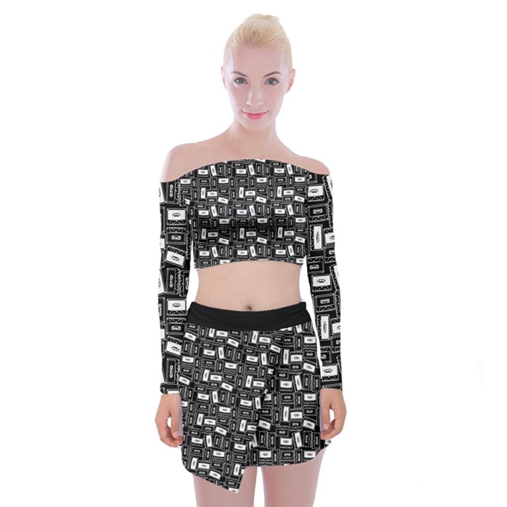 Tape Cassette 80s Retro GenX Pattern black and White Off Shoulder Top with Mini Skirt Set