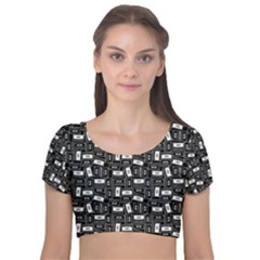 Tape Cassette 80s Retro GenX Pattern black and White Velvet Short Sleeve Crop Top 