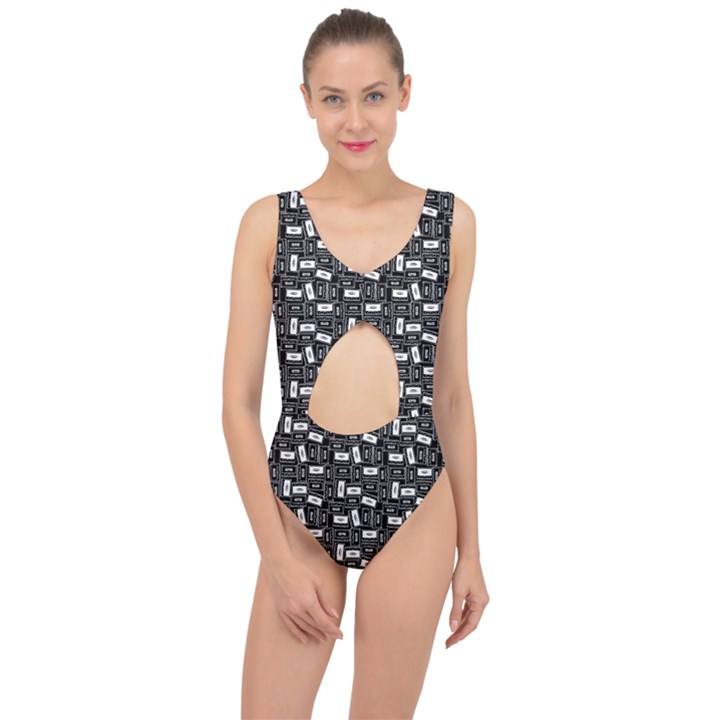 Tape Cassette 80s Retro GenX Pattern black and White Center Cut Out Swimsuit