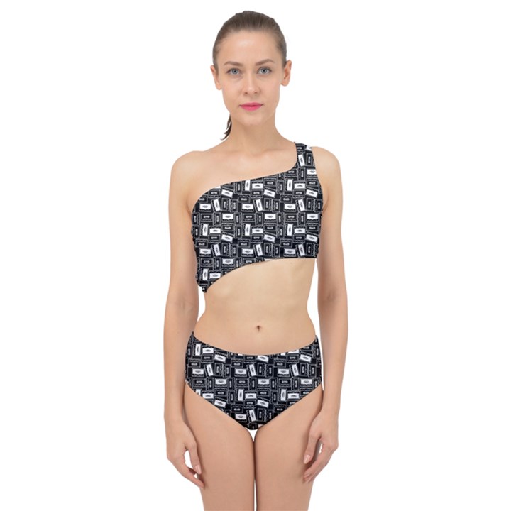 Tape Cassette 80s Retro GenX Pattern black and White Spliced Up Two Piece Swimsuit