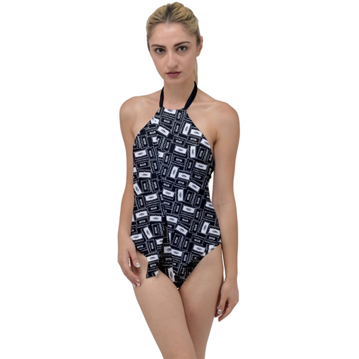 Tape Cassette 80s Retro GenX Pattern black and White Go with the Flow One Piece Swimsuit