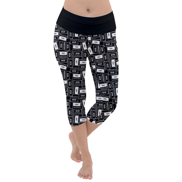 Tape Cassette 80s Retro GenX Pattern black and White Lightweight Velour Capri Yoga Leggings