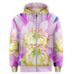 Pretty Pink, White And Yellow Cactus Dahlia Macro Men s Zipper Hoodie by myrubiogarden