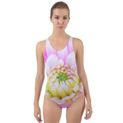 Pretty Pink, White And Yellow Cactus Dahlia Macro Cut-out Back One Piece Swimsuit by myrubiogarden