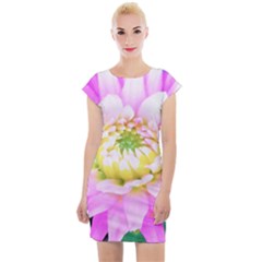 Pretty Pink, White And Yellow Cactus Dahlia Macro Cap Sleeve Bodycon Dress by myrubiogarden