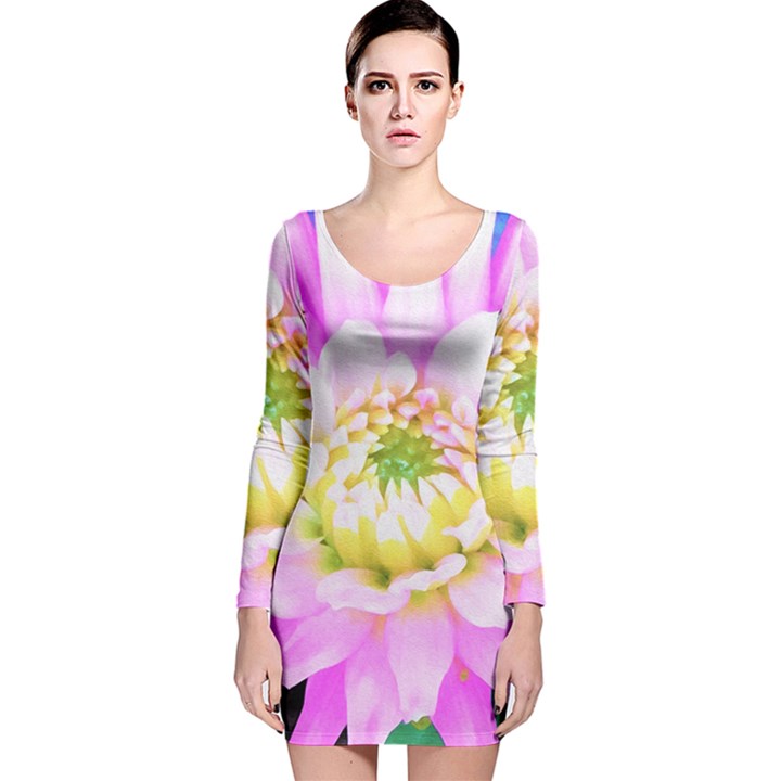 Pretty Pink, White And Yellow Cactus Dahlia Macro Long Sleeve Velvet Bodycon Dress