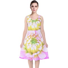 Pretty Pink, White And Yellow Cactus Dahlia Macro V-neck Midi Sleeveless Dress  by myrubiogarden