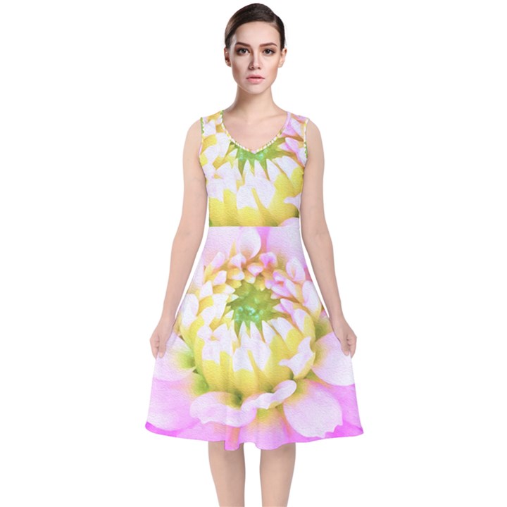 Pretty Pink, White And Yellow Cactus Dahlia Macro V-Neck Midi Sleeveless Dress 