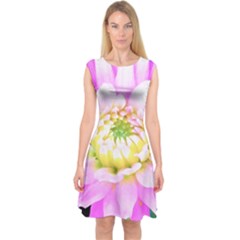 Pretty Pink, White And Yellow Cactus Dahlia Macro Capsleeve Midi Dress by myrubiogarden