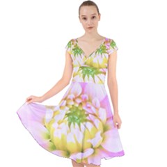 Pretty Pink, White And Yellow Cactus Dahlia Macro Cap Sleeve Front Wrap Midi Dress by myrubiogarden