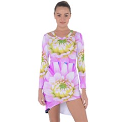 Pretty Pink, White And Yellow Cactus Dahlia Macro Asymmetric Cut-out Shift Dress by myrubiogarden