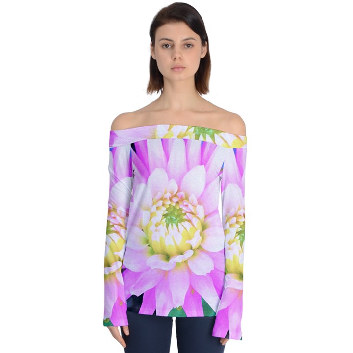 Pretty Pink, White And Yellow Cactus Dahlia Macro Off Shoulder Long Sleeve Top