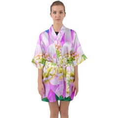 Pretty Pink, White And Yellow Cactus Dahlia Macro Quarter Sleeve Kimono Robe by myrubiogarden