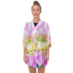 Pretty Pink, White And Yellow Cactus Dahlia Macro Half Sleeve Chiffon Kimono by myrubiogarden