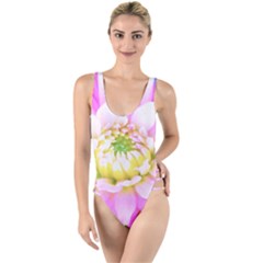 Pretty Pink, White And Yellow Cactus Dahlia Macro High Leg Strappy Swimsuit by myrubiogarden