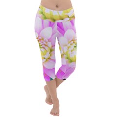 Pretty Pink, White And Yellow Cactus Dahlia Macro Lightweight Velour Capri Yoga Leggings by myrubiogarden