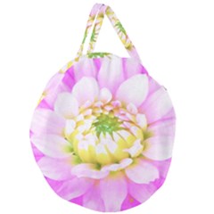 Pretty Pink, White And Yellow Cactus Dahlia Macro Giant Round Zipper Tote by myrubiogarden