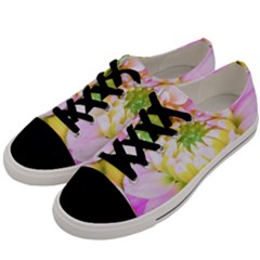 Pretty Pink, White And Yellow Cactus Dahlia Macro Men s Low Top Canvas Sneakers by myrubiogarden