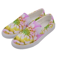 Pretty Pink, White And Yellow Cactus Dahlia Macro Men s Canvas Slip Ons by myrubiogarden