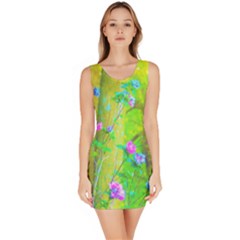 Hot Pink Abstract Rose Of Sharon On Bright Yellow Bodycon Dress by myrubiogarden