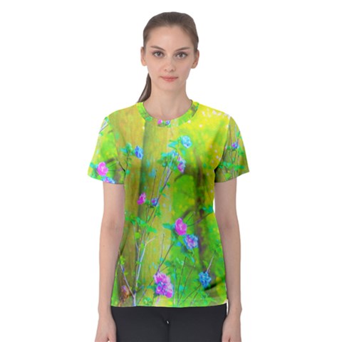 Hot Pink Abstract Rose Of Sharon On Bright Yellow Women s Sport Mesh Tee by myrubiogarden