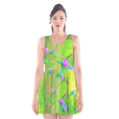 Hot Pink Abstract Rose Of Sharon On Bright Yellow Scoop Neck Skater Dress